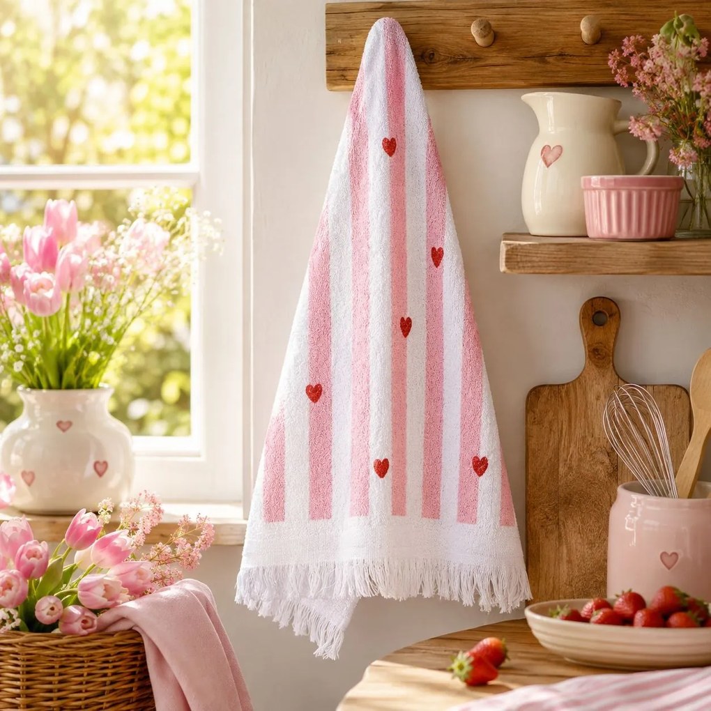 Biely froté kuchynský uterák so srdiečkami a prúžkami - 40*66 cm
