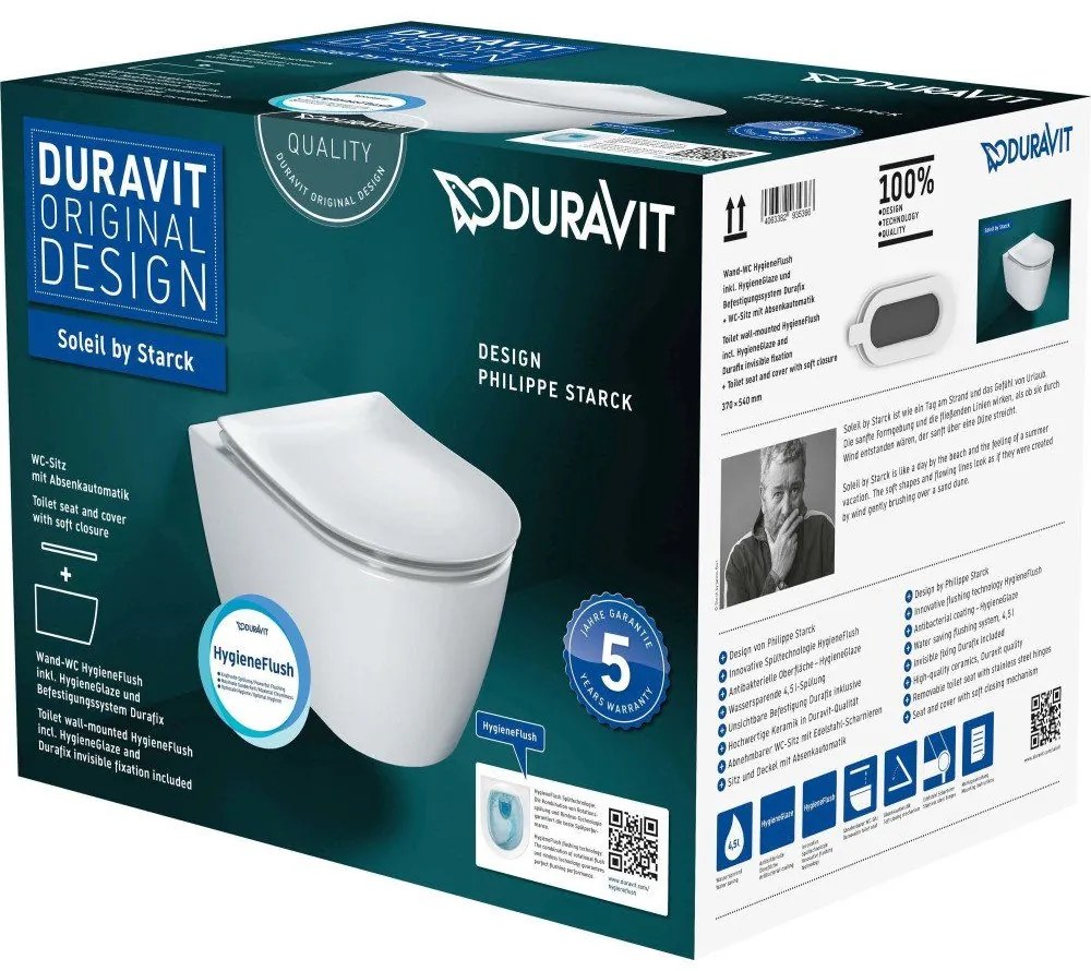 DURAVIT Soleil by Starck závesné WC s HygieneFlush (rotačný oplach), s hlbokým splachovaním, 370 x 540 mm, biela, s povrchom HygieneGlaze + sedátko so sklápacou automatikou (SoftClose), biela, 45910920A1