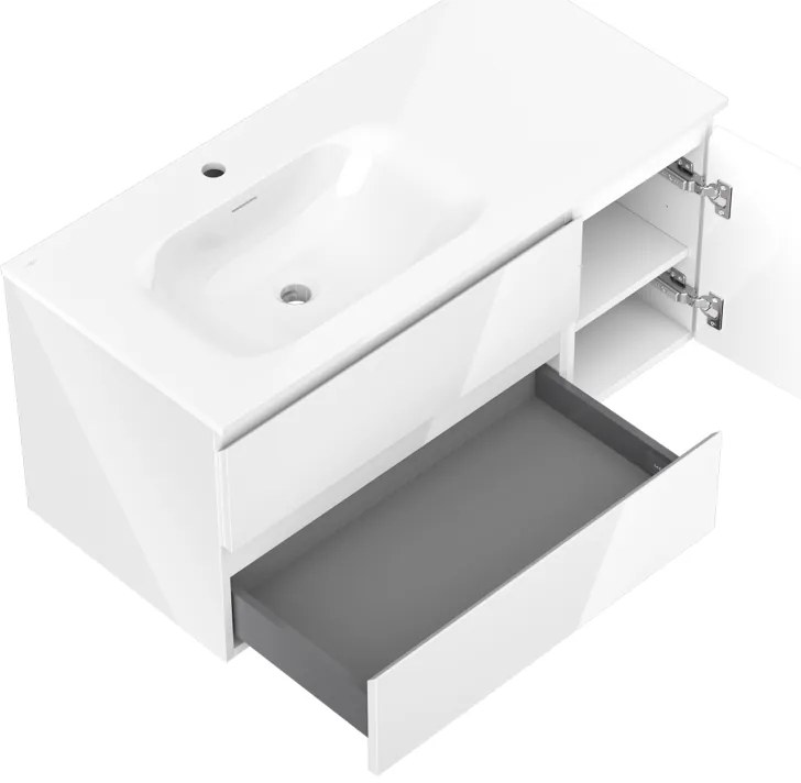 Mexen Orio, kúpeľňová skrinka 100 cm s umývadlom Vela vľavo, 2S, 1D, biela lesklá, 91A13-10047-3-BBFFF00-W23L00