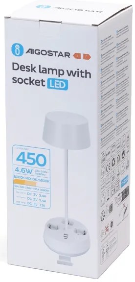 Aigostar - LED stmievateľná stolová lampa s integrovanou zásuvkou a USB LED/4,6W/230V biela