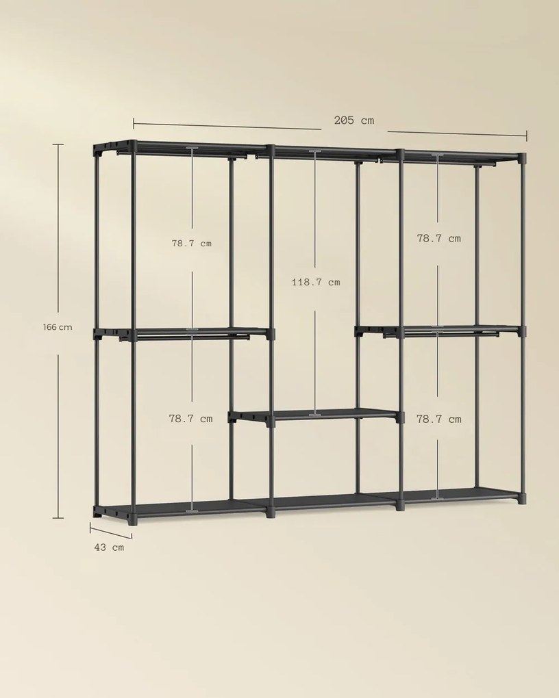 Otvorený šatník s policami DRESSIO, 205x43x166cm, čierna SongmicsHome
