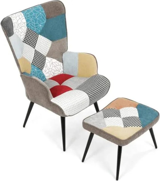 Kreslo ušiak s podnožou ELDORIA PATCHWORK