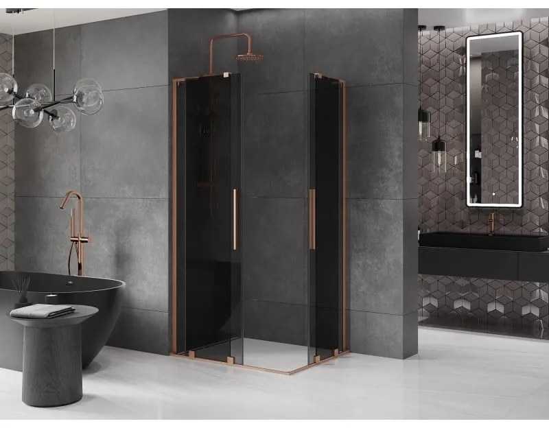 Mexen Velar L Duo, sprchový kút s posuvnými dverami 90 x 80 cm, 8mm šedé sklo, medená matná, 871-090-080-02-43-65