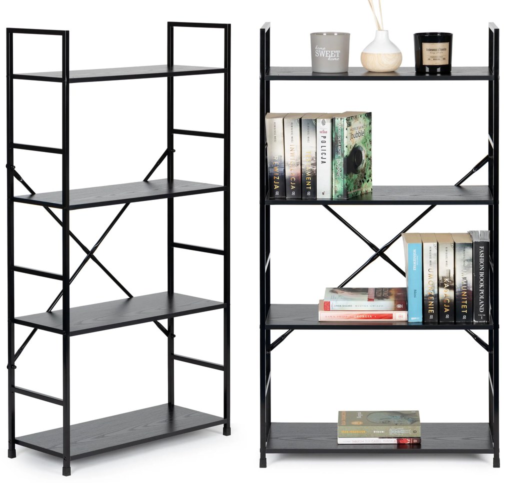 Moderný široký drevený regál so 4 policami LOFT čierny T36038