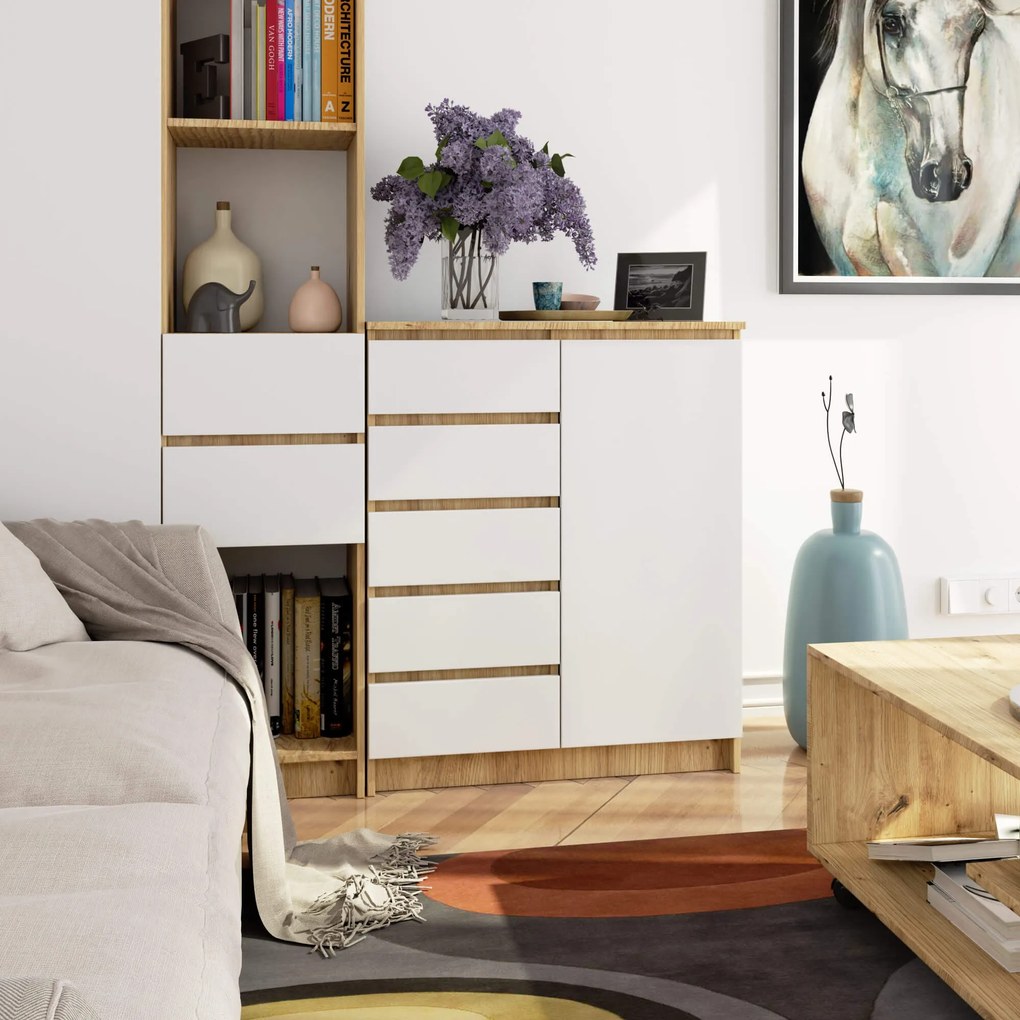 Komoda JERRY 80 cm 1 dveře 5 zásuvek bílá/dub artisan
