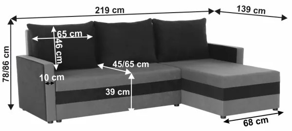 Čalúnená univerzálna rozkladacia rohová sedacia súprava do tvaru L BRISTOL sivá/čierna