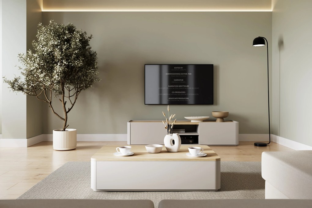 Konferenčný stolík Amilio 100 cm so zásuvkami - kašmírová / olejovaný dub