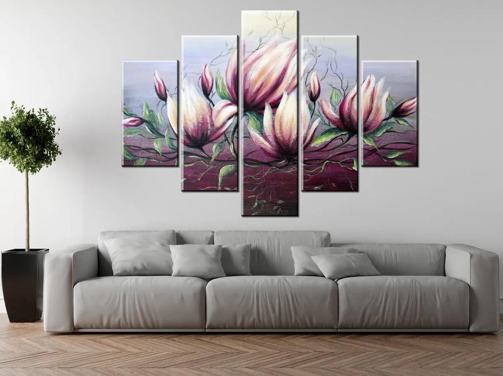Gario Ručne maľovaný obraz Kvety magnólie - 5 dielny Rozmery: 100 x 70 cm