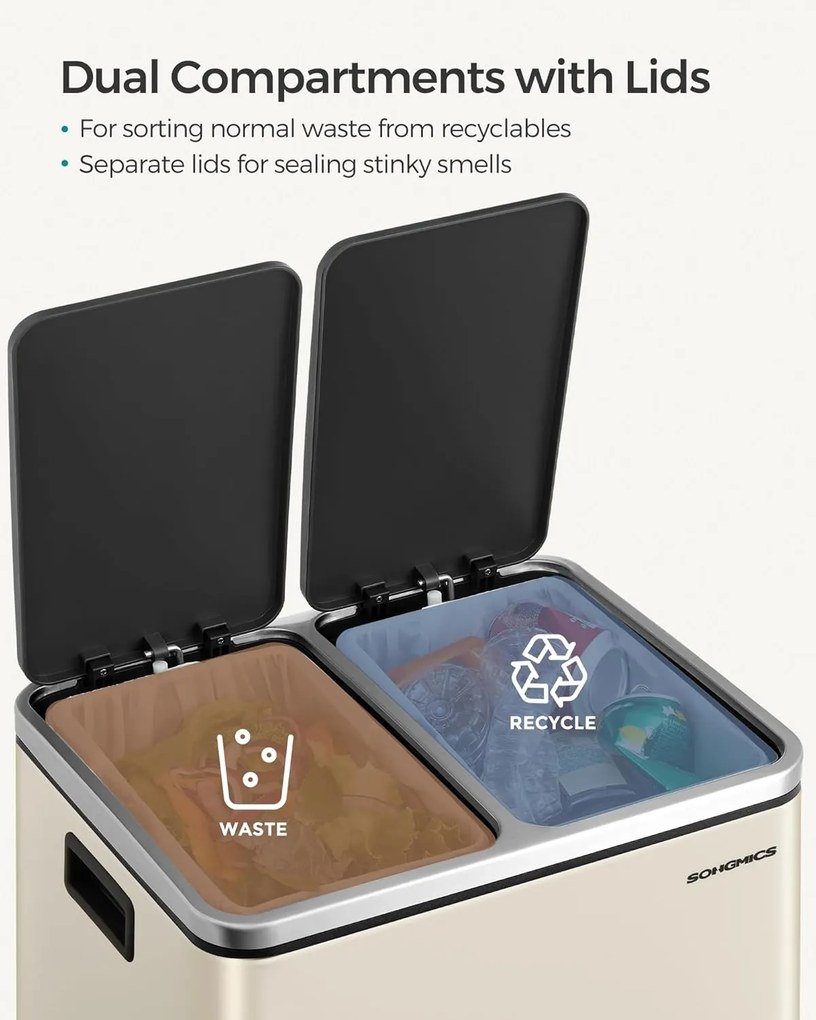 Odpadkový kôš do kuchyne, 2 x 15 litrov, selektívny triediaci systém, béžovo čierny