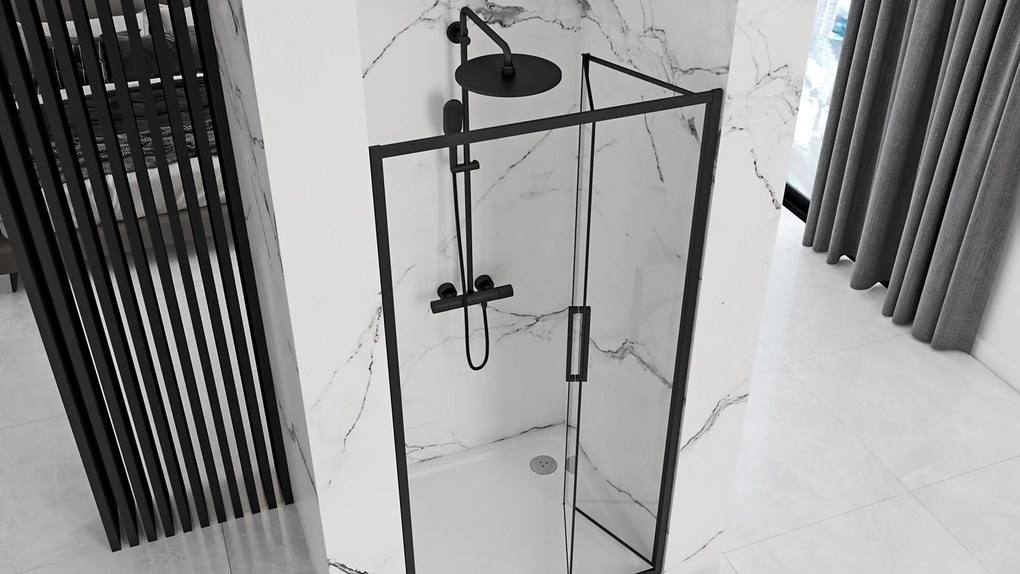 Zalamovacie sprchové dvere REA RAPID FOLD 80 cm pre inštaláciu do niky, čierne/transparent - bez vaničky