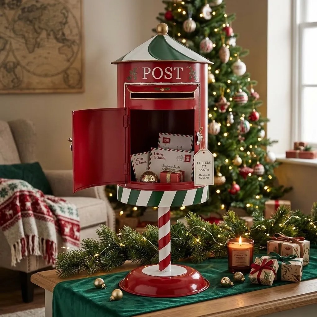 Červená kovová dekorácia poštová schránka Santa - Ø 24*58 cm