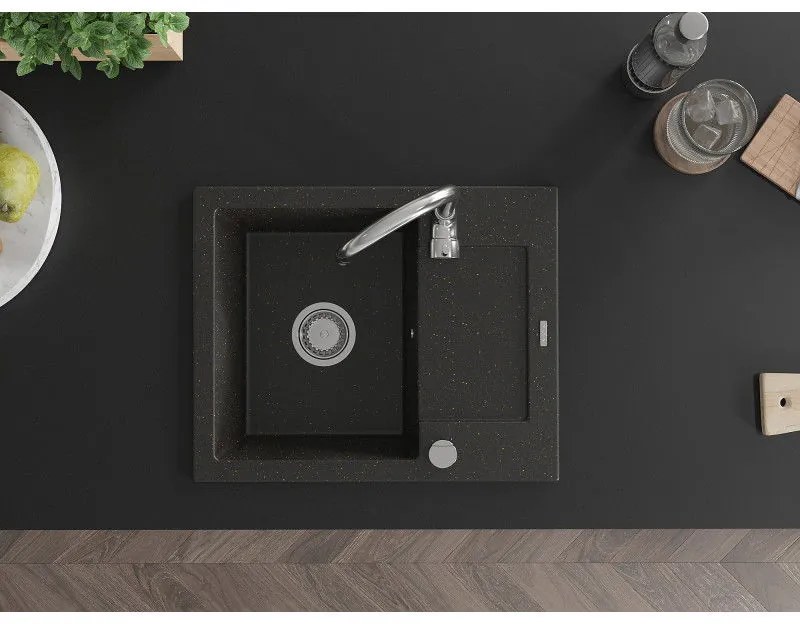 Mexen Enzo, granitový drez 576x465x174 mm, 1-komorový, chrómová batéria Telma, čierna-zlatá metalíza, 6506-75-670200-00