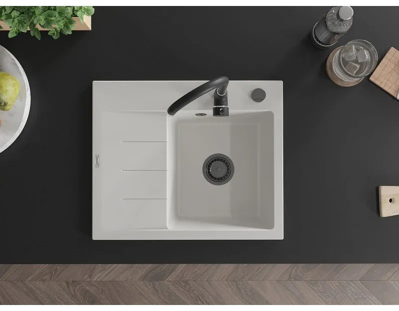 Mexen Ben, 1-komorový granitový drez 600x500x190 mm, pravý + čierny sifón, biela, 6523605000-20-B