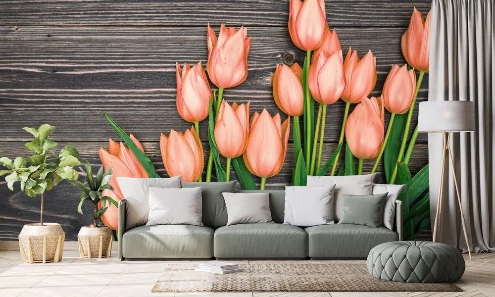 Fototapeta oranžové tulipány na drevenom podklade - 450x300