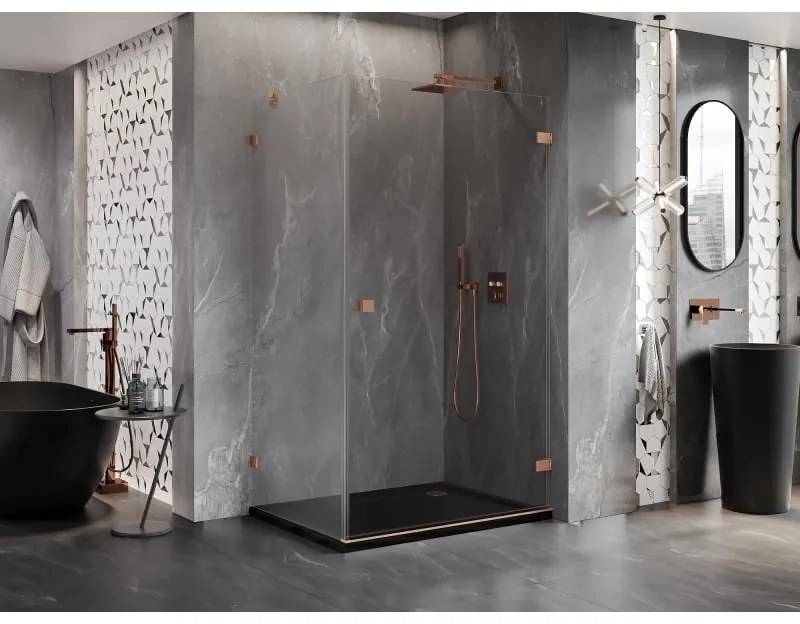 Mexen Lunar-B, pravostranný výklopný sprchový kút 90 x 80 cm, 8mm číre sklo, profil medená matná, 832-090-080-65-00-P