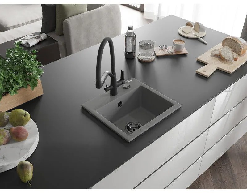 Mexen Milo, granitový drez 435x410x171 mm, 1-komorový a drezová batéria Duo, šedá, 6505-71-671701-70-B