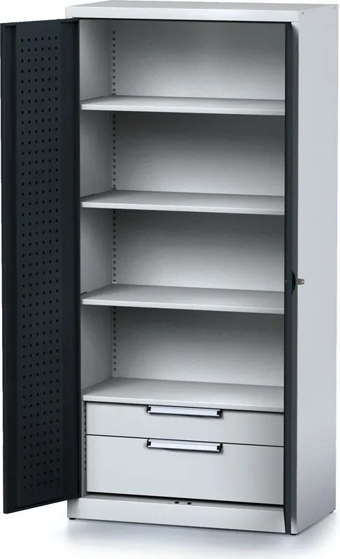 Policová dielenská skriňa 2-dverová MECHANIC, 3 police, 2 zásuvky, 920 x 500 x 1950 mm, grafitové dvere