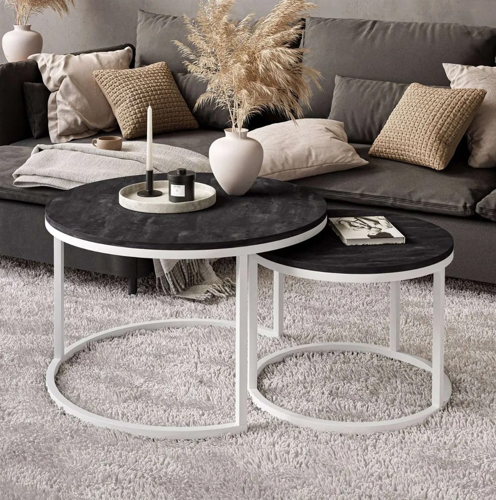 OKRÚHLY KONFERENČNÝ STOLÍK LEONARDO 2 v 1 TMAVÝ BETÓN + BIELY PODSTAVEC