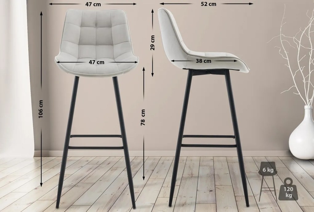 2x Barová stolička Dartford - zamat - Sivá