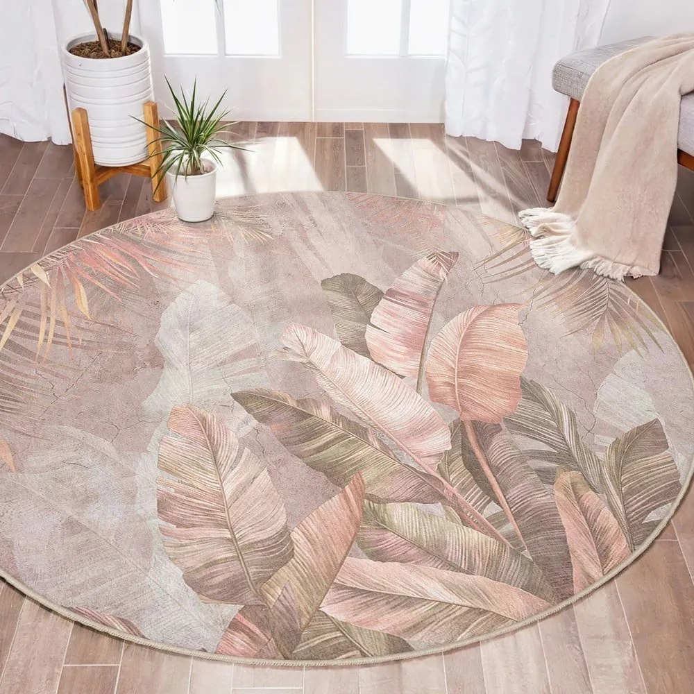 Svetloružový prateľný okrúhly koberec ø 150 cm Dusty Leaves – Mila Home