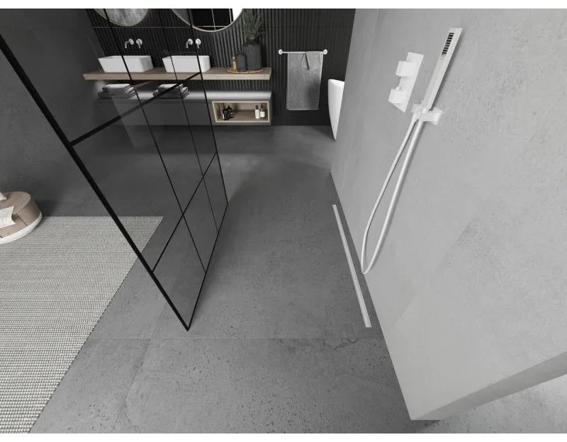 Mexen Kioto, priechodná sprchová zástena 100 x 200 cm, 8mm sklo číre/čierny vzor, 2x biela stabilizačná rozpera, 800-100-002-20-77