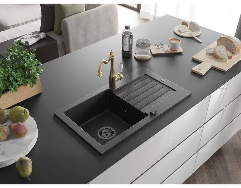 Mexen Pablo, granitový drez 752x436x161 mm, 1-komorový a drezová batéria Carla, čierna, 6510-77-670700-50-B