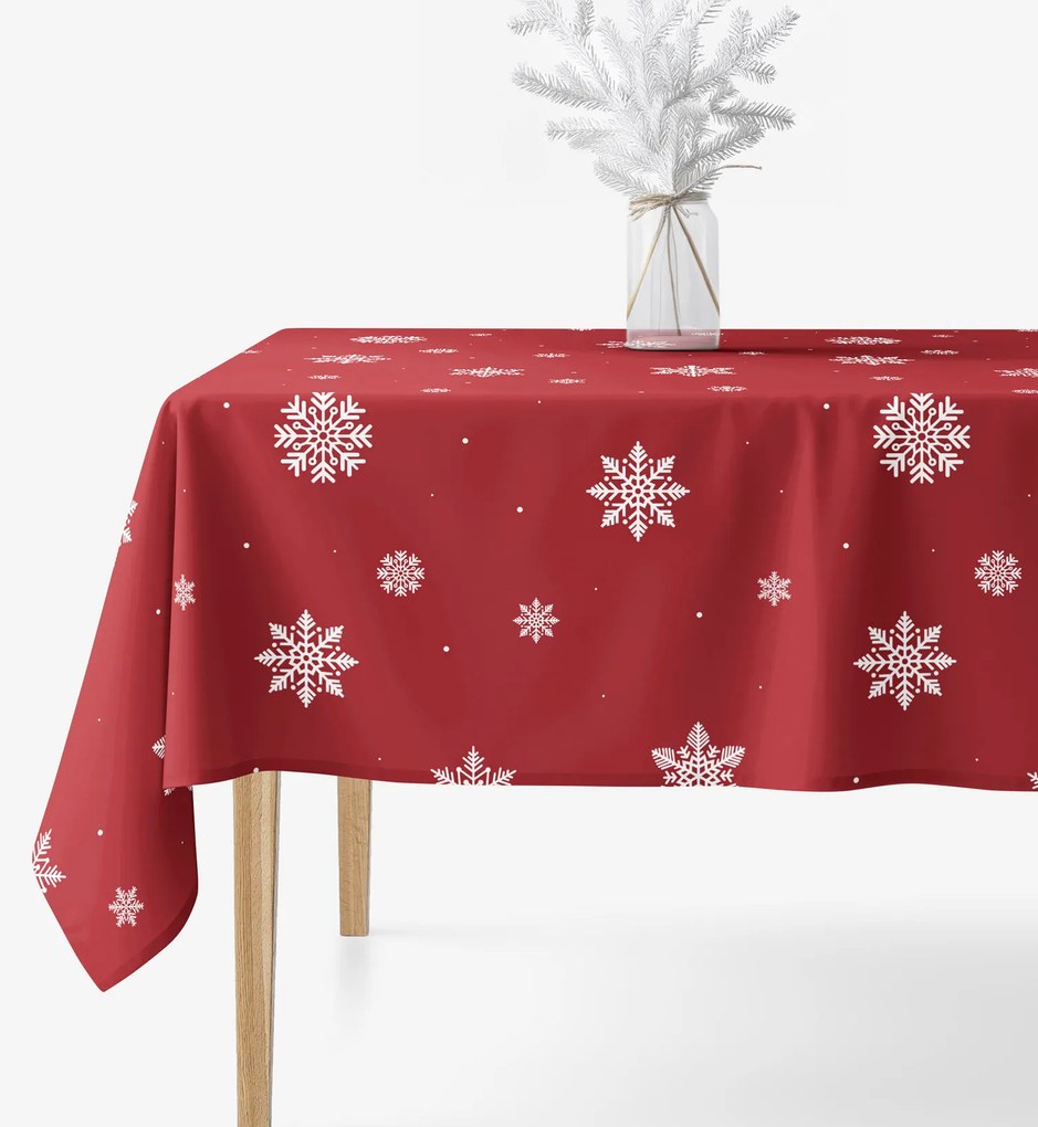 Goldea hranatý obrus 100% bavlnené plátno - snehové vločky na červenej 120 x 180 cm