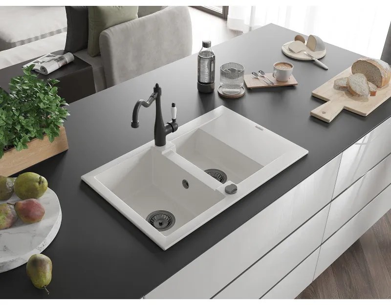 Mexen Gaspar, granitový drez 752x436x161 mm, 1,5-komorový a drezová batéria Carla, biela, 6507-20-670700-70