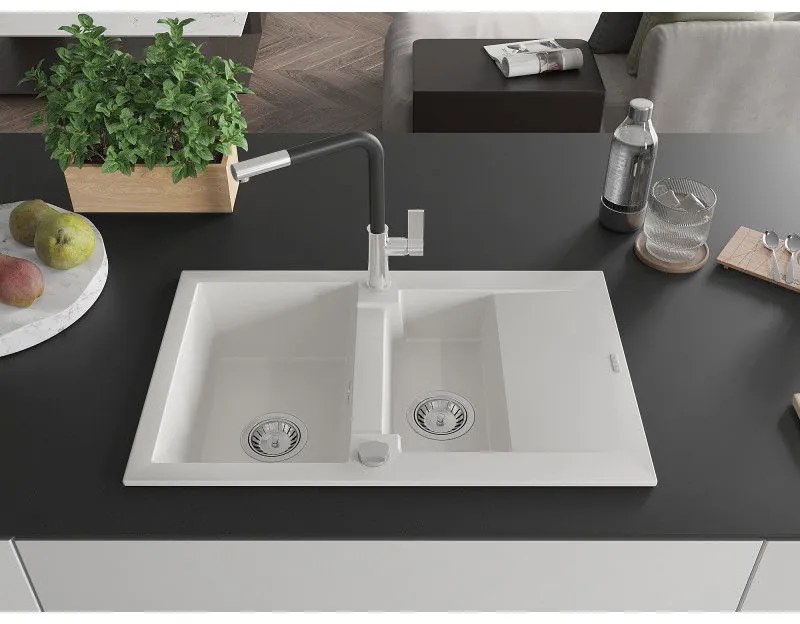 Mexen Gaspar, 1,5-komorový granitový drez 737x475x177 mm a drezová batéria Flora, biela, 6507-20-670401-07
