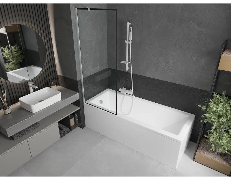 Mexen Next, vaňová zástena 1-krídlová 70 x 150 cm, fixné krídlo, 6 mm číre sklo s čiernym vzorom, biely profil, 895-070-000-00-70-20