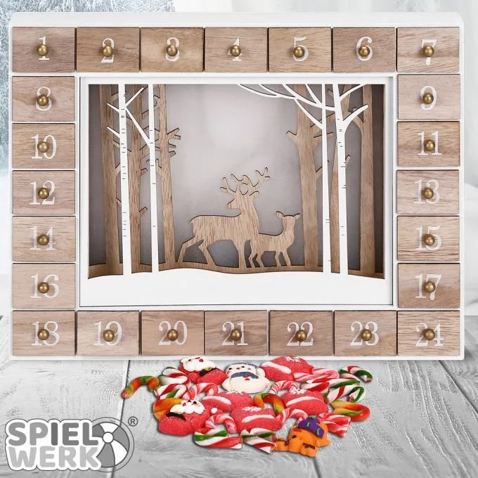 Spielwerk Drevený adventný kalendár ZIMNÝ LES s osvetlením, 35x6x27cm, biela/hnedá