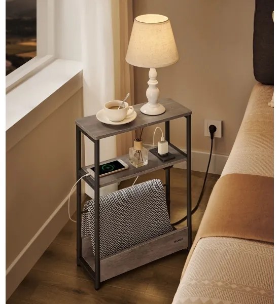 Odkladací stolík ROD s vstavanou zásuvkou a USB portami, hnedá/čierna