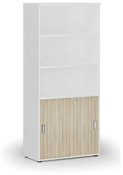 Kombinovaná kancelárska skriňa PRIMO WHITE, zasúvacie dvere na 2 poschodia, 1781 x 800 x 420 mm, biela/dub prírodná