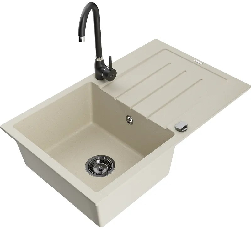 Mexen Bruno, 1-komorový granitový drez s odkvapkávačom 795x495x200 mm a čierna kuchynská batéria Telma, béžová, 6513-69-670200-70
