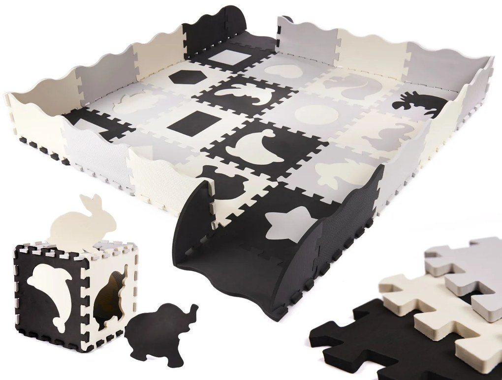 KIK Penová podložka na puzzle / ohrádka pre deti 36el. black-grey-ecru