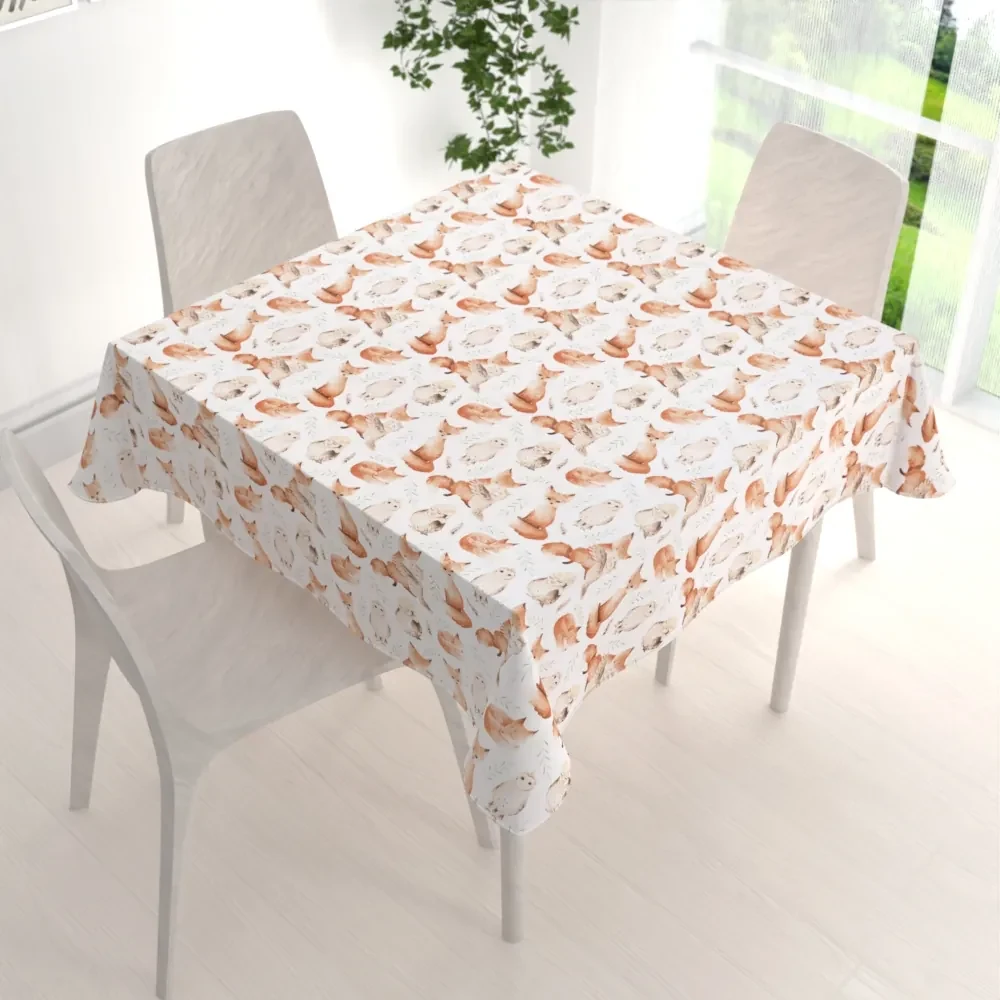 Biante Detský bavlnený štvorcový obrus Sandra SA-523 Líšky a sovy na bielom 110x110 cm