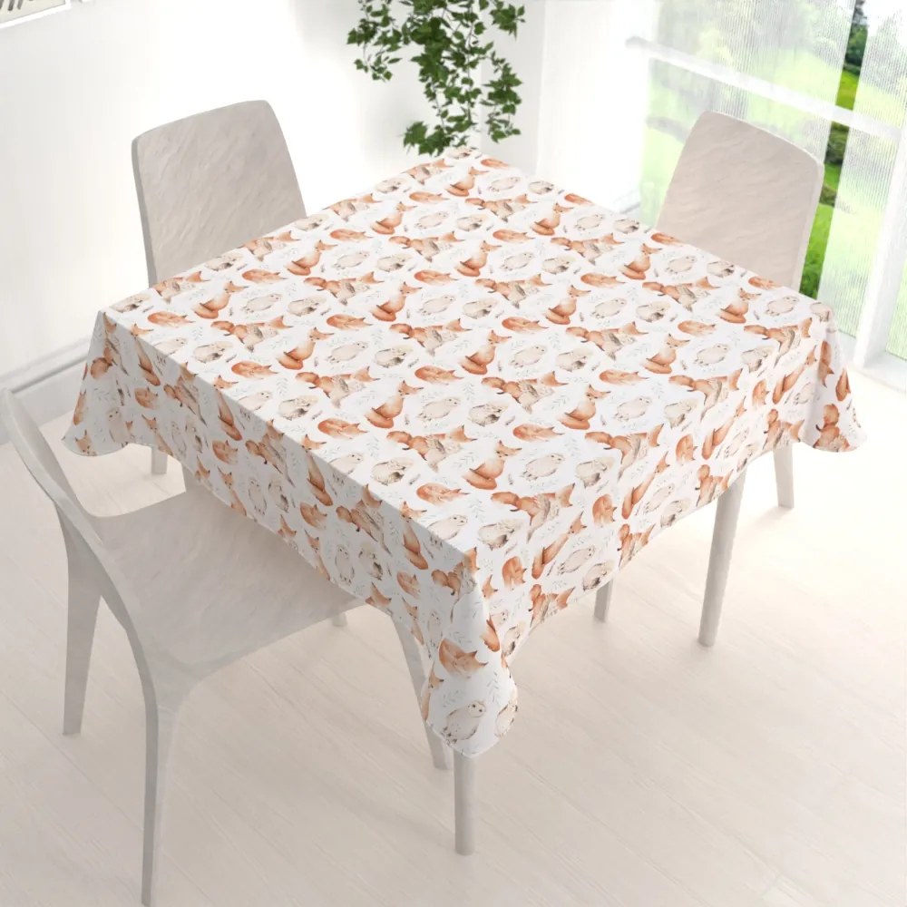 Biante Detský bavlnený štvorcový obrus Sandra SA-523 Líšky a sovy na bielom 140x140 cm