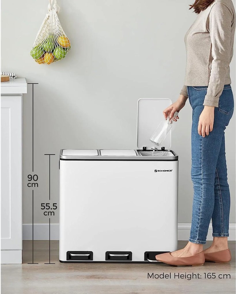 Kuchynský odpadkový kôš, 3 x 18 L, pedálový s 3 priehradkami, biely