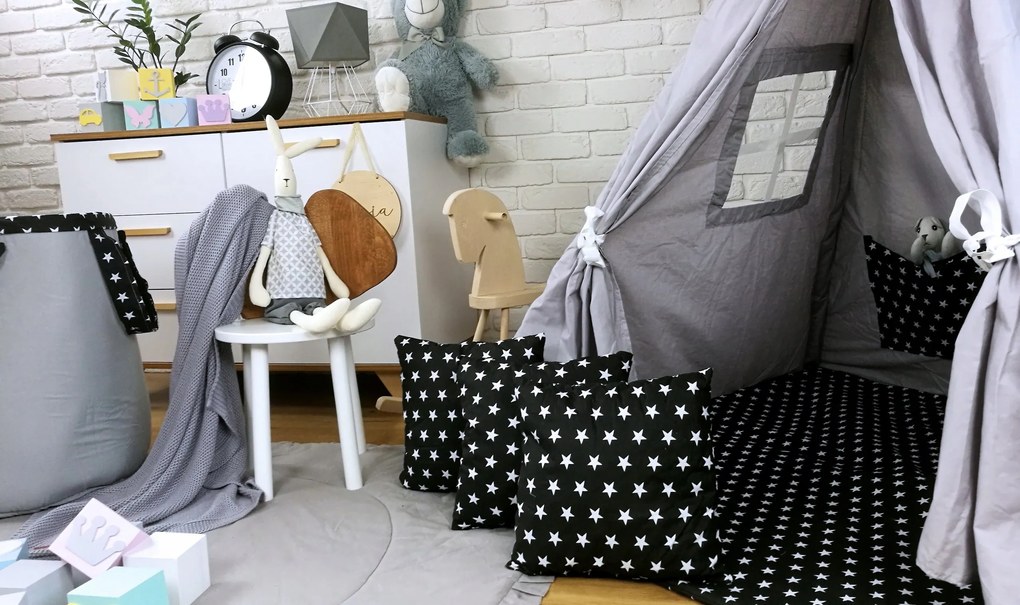 Detský stan TEEPEE (TÍPÍ) HVIEZDIČKY s doplnkami - šedočierny