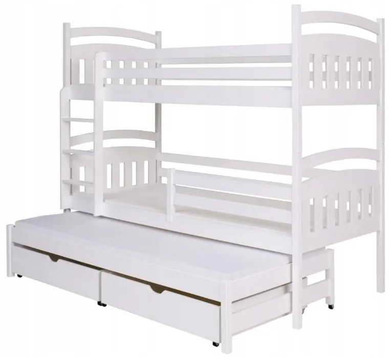 Detská poschodová posteľ z masívu borovice JAKUB III s prístelkou a šuplíky - 200x90 cm - biela