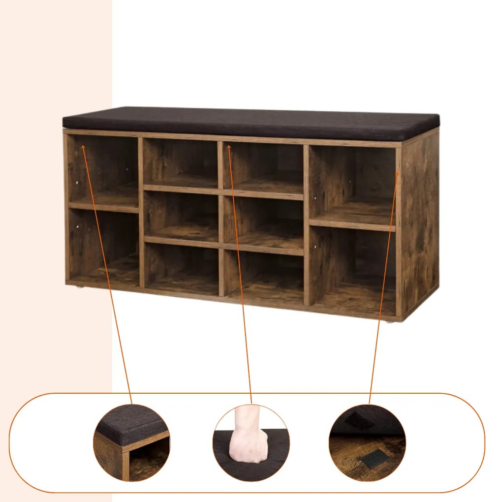 Botník s čalúnenou lavicou GABI, 10 priehradiek, 104x30x48cm, čierna/tmavá hnedá Jurhan