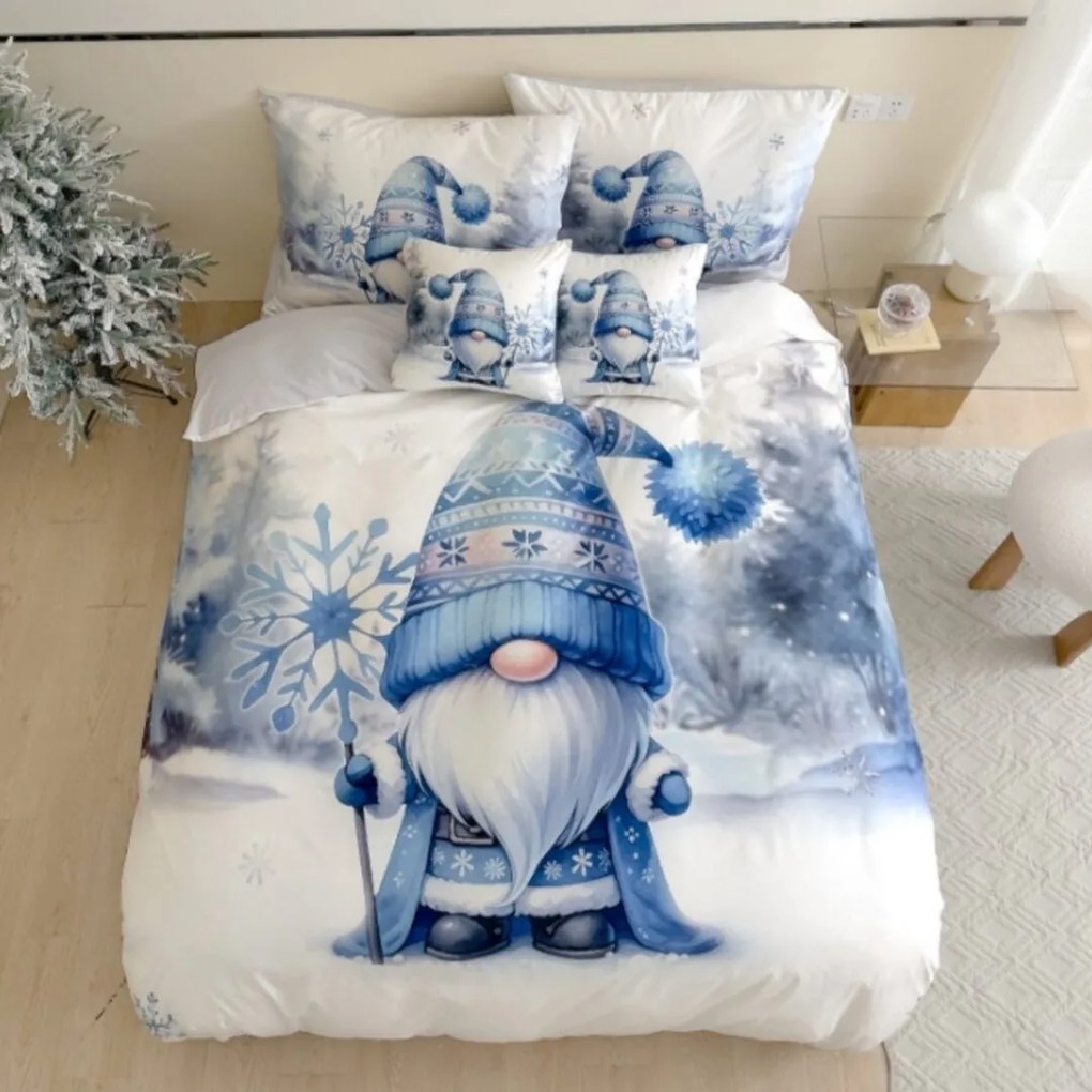 3 dielne 3D obliečky Polycotton Vianočné Gnome modrý 200x140cm+90x70cm TiaHome