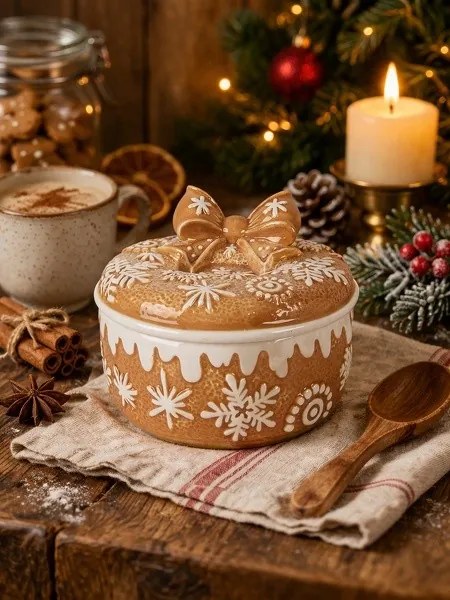 Hnedá keramická perníková dóza s mašľou - Ø 20*13 cm