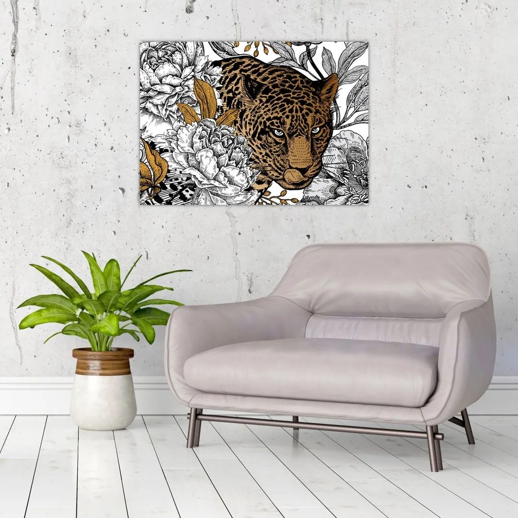 Sklenený obraz - Leopard medzi kvetmi (70x50 cm)