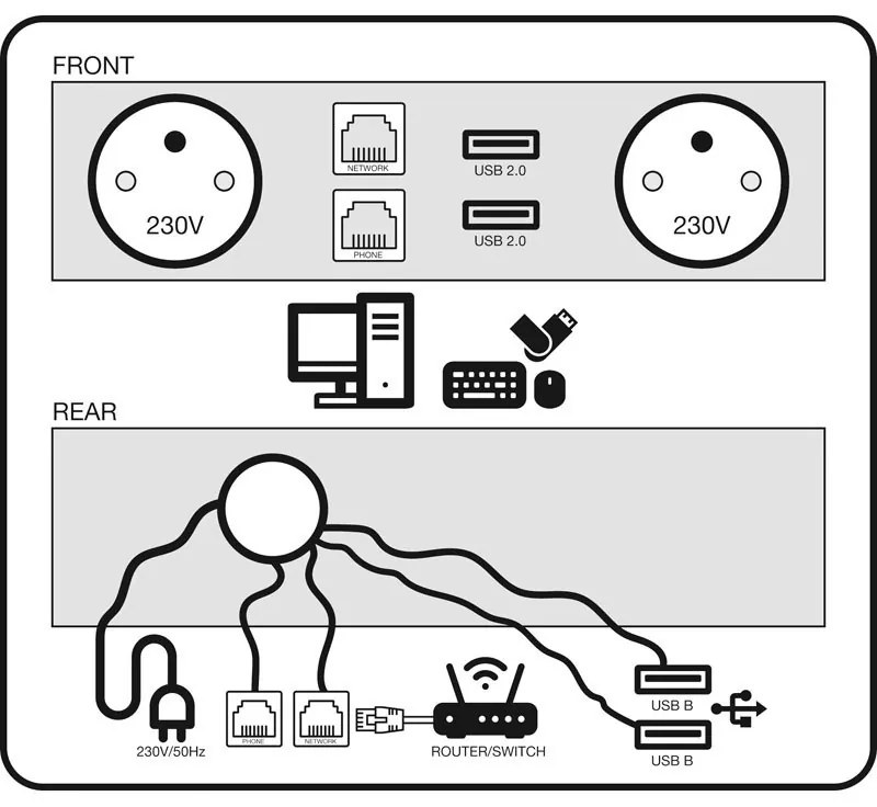 Rokovací stôl PRIMO INVITATION, 200x100 cm, breza + stolná zásuvka TYP III, čierna