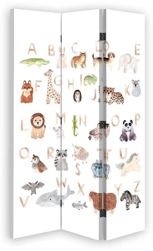 Ozdobný paraván Dětská abeceda Zvířata Barevné - 110x170 cm, trojdielny, obojstranný paraván 360°