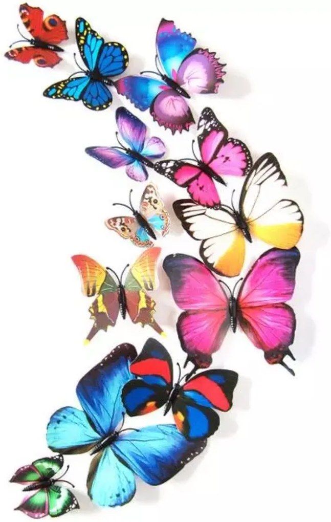Samolepka na stenu "Plastové farebné 3D motýle" 12 ks 6-12 cm
