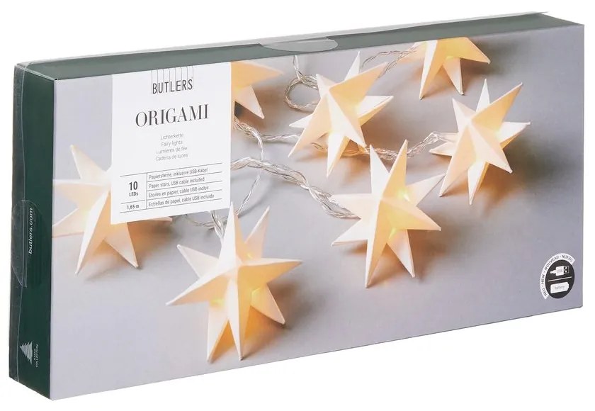 Butlers ORIGAMI Svetelná reťaz s USB papierové hviezdy 10 svetiel - biela