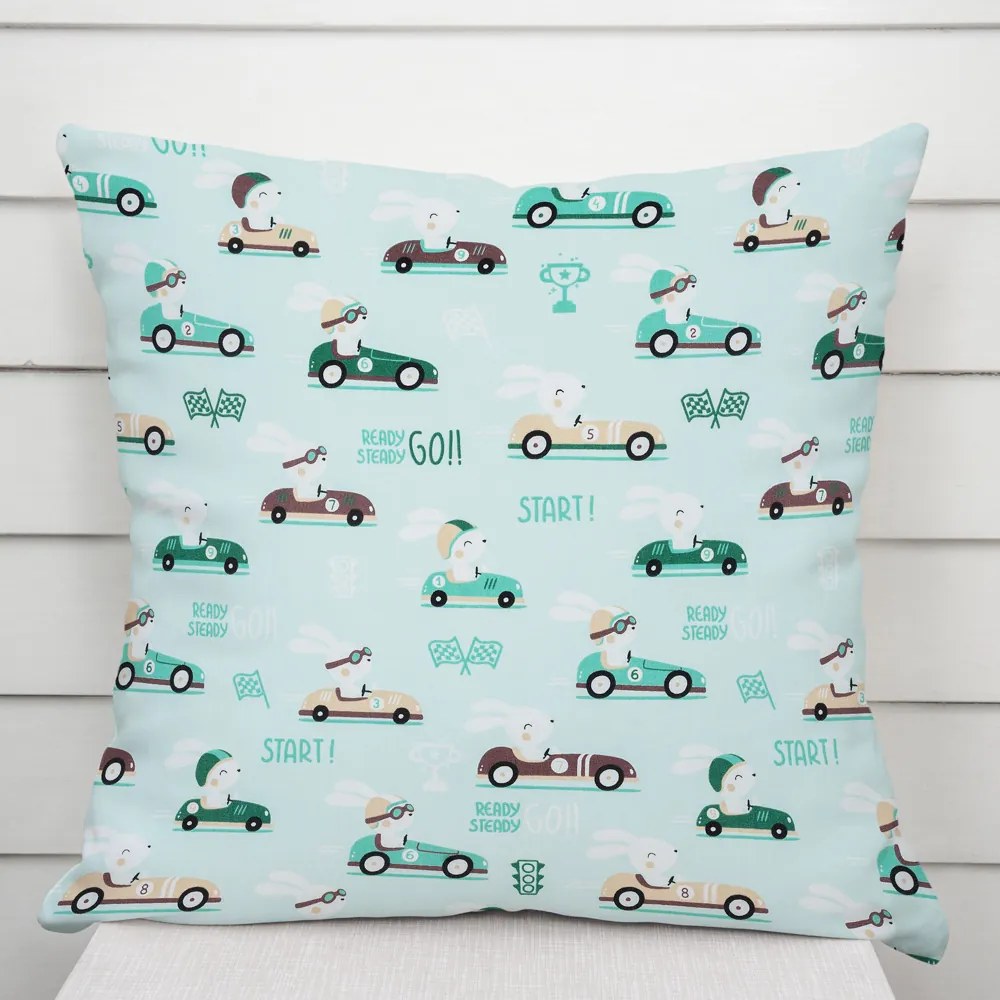 Biante Detská bavlnená obliečka na vankúš Sandra SA-375 Zajačie automobilové preteky na mintovom 40 x 60 cm