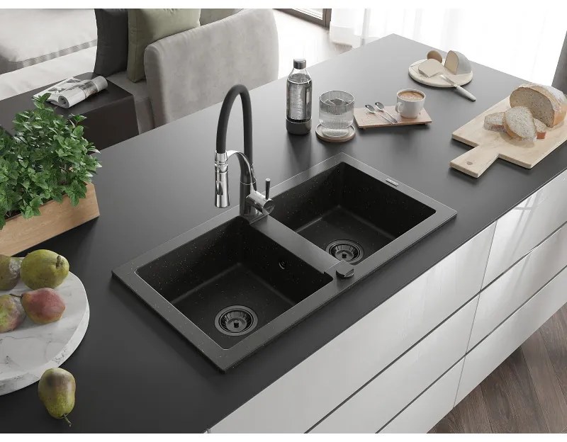 Mexen Mario, granitový drez 820x436x161 mm, 2-komorový a drezová batéria Aster, čierna-zlatá metalíza, 6504-75-73450-07-B